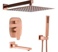LXYST Wall Mount Brushed Rose Gold Bathroom Brass 10-12 Rainfall Faucet System Mixer with Handheld and Tub Taps, Luxury Shower Set,10 inch