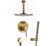 LXYST Wall Mounted Brushed Gold Solid Brass Bathroom Rain Mixer Combo with 8-12" Round Top Spray Rainfall Showerhead and Handheld Luxury Shower Set,10 inch