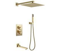 LXYST Wall Mounted Thermostatic Brushed Gold Bathroom Rain Mixer with 10-12" Square Rainfall Head and Tub Taps, Luxury Shower Set,12 inch