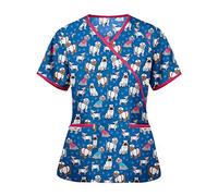LXZS Blouse Médicale Tunique avec Col en V Manche Courte Hauts Uniforme de Travail Thanksgiving de Noël Chemisier Blouse Femme Chemisier Manche Blouse
