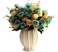LY EMMET Bouquets de Roses artificielles avec Vase en céramique pour décoration de Table, Maison, Bureau, Mariage - Bleu