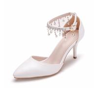 LYAHVGU Chaussures de Mariée de Mariage, 7 cm élégant Bracelet à Pompon perlé Escarpins à Bout Pointu, Mariage Soirée Quotidien Robe Bureau Sandales de Mariée