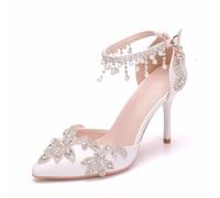 LYAHVGU Chaussures de Mariée de Mariage, 9 cm élégant Strass Fleur Perle Gland Bracelet Bout Pointu Escarpins à Talons Aiguilles, Mariage Soirée Quotidien Robe Bureau Sandales de Mariée, 39 EU,White