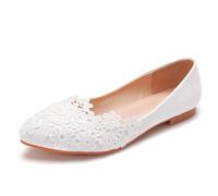 LYAHVGU Chaussures de Mariée de Mariage, Chaussures de Ballet Plates Confortables en Dentelle Blanche Faites à la Main, Chaussures à Bout Pointu Grande Taille pour Robe de soirée de Mariage