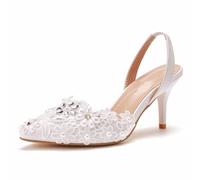LYAHVGU Chaussures de Mariée de Mariage, Escarpins à Talons Aiguilles à Bout Pointu en Dentelle élégante avec Perles et Fleurs en Strass de 7 cm, Mariage Soirée Quotidien Robe Bureau Sandales