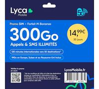Lycamobile Carte SIM Prépayée France | Forfait M avec 300Go Internet 5G | Appels & SMS Illimités | 19Go en Europe, Suisse & Royaume-Uni | Renouvelable après 30 Jours - sans Engagement