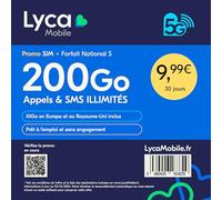 Lycamobile Carte SIM Prépayée France - Forfait National S - 200Go Internet, Appels et SMS illimités - 10Go en Europe/UK - Renouvelable après 30 Jours - sans Engagement
