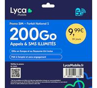 Lycamobile Carte SIM Prépayée France - Forfait National S - 200Go Internet, Appels et SMS illimités - 13Go en Europe/UK - Renouvelable après 30 Jours - sans Engagement