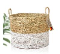 Lycce Panier à linge avec poignée | Panier tressé en jonc de mer | Collecteur de linge, panier de rangement pour jouets, panier pour cadeaux, organisateur de salle de bain | beige & blanc | Taille 2