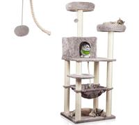 Lycce Royal Grand arbre à chat à plusieurs étages de 145 cm de haut avec 10 colonnes à chat avec revêtement complet en sisal, grotte, hamac, 4 plateformes, balle en peluche, gris, très stable, peu