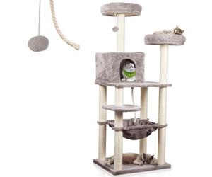 Lycce Royal Grand arbre à chat à plusieurs étages de 145 cm de haut avec 10 colonnes à chat avec revêtement complet en sisal, grotte, hamac, 4 plateformes, balle en peluche, gris, très stable, peu