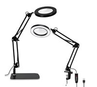 Lychee Loupe grossissante x10 avec lumière et support, 3 modes de couleur en continu à intensité variable, lampe de bureau 2 en 1 mains libres avec pince à base lourde, loupe éclairée par LED pour