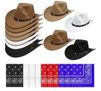 LYCN Lot de 12 chapeaux de cowboy avec 12 bandanas, chapeau de cowboy en feutre avec ceinture à boucle et décoration en forme d'étoile, ensemble de chapeaux de cowboy classiques occidentaux à large