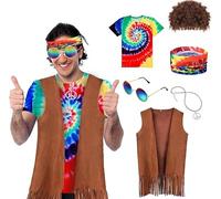 LYCN Lot de 6 costumes hippie des années 70, y compris t-shirt à franges, bandeau, signe de paix, collier, lunettes de soleil, perruque pour Halloween, cosplay, fête
