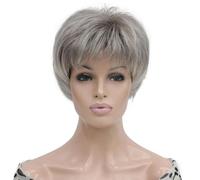 Lydell Perruque synthétique courte et raide avec frange résistante à la chaleur Gris clair avec racines foncées 15,2 à 20,3 cm
