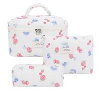 LYEAA Lot de 3 trousses à cosmétiques matelassées de grande capacité - Adorable pochette de soins de la peau - Imprimé fraise - Esthétique - Sac de toilette pour salle de bain - Sac de voyage, beige,