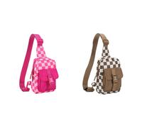 LYEAA Petit sac à bandoulière en cuir à carreaux pour homme et femme, sac à bandoulière léger pour course à pied et randonnée, Rose rouge + kaki, 10.24x0.39x6.69inch