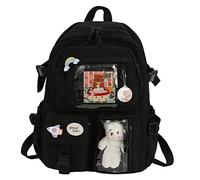 LYEAA Sac à dos Kawaii avec épingles et pendentif animal en peluche, style Preppy en PVC patchwork transparent, sac d'école, sac à dos grande capacité, Style D, noir, 40 x 30 x 11 cm