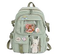 LYEAA Sac à dos Kawaii avec épingles et pendentif animal en peluche, style Preppy en PVC patchwork transparent, sac d'école, sac à dos grande capacité, Style D, vert, 40 x 30 x 11 cm