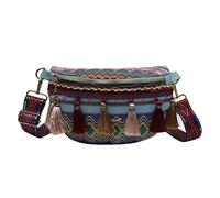 LYEAA Sac banane vintage style ethnique en toile avec pompons, décoration tendance, voyage, shopping, sacs de poitrine, bleu, 22CM*14CM*2CM
