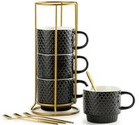 LYEOBOH Lot de 4 tasses à café empilables avec support et cuillères - Tasses à café en céramique gaufrée pour café, latte, macchiato, expresso, noir - 390 ml