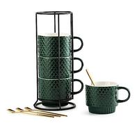 LYEOBOH Lot de 4 tasses à café empilables en porcelaine avec support et cuillères - Tasses à cappuccino pour boissons, expresso, latte - Vert foncé - 390 ml