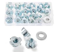 Lyeteung 20 Pièces M10 × 12mm Écrous en T à Dents, Ecrous en T 4 Griffes, T-Nuts Inserts Filetés, avec 5 Pièces Rondelles, pour Bois, Armoire, Meubles