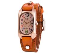 LYEVA Montre Quartz Pierre Vintage pour Femme, Bracelet en Cuir Véritable, Numérique Rectangle (Orange)