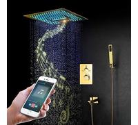 LYFENS Système de Douche Doré Avec Musique, Ensemble Combiné de Douche Led 64 Couleurs, Pomme de Douche Cascade Et Pluie de 15,8 Pouces, Douche À Main, Pomme de Douche de Typegnoire, Douche Hybride Av