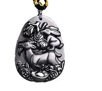 LYFHJD Charm Jewelry Collier de Perles d'obsidienne Noire Naturelle sculpté à la Main du Zodiaque Mouton Lapin Jade Pendentif Mode Charme Bijoux amulette Cadeaux Bijoux