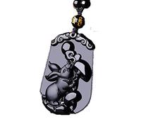 LYFHJD Charm Jewelry Collier de Perles d'obsidienne Noire Naturelle, sculpté à la Main, Pendentif en Jade de Lapin du Zodiaque, Bijoux de Charme pour Hommes Femmes, amulette de Bon augure,