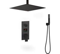 LYFHJD Ensemble de robinets Noirs à 3 Fonctions pour Salle de Bain montés au Plafond, Pomme de Pluie Ultra Fine, mitigeur à Affichage numérique à 2 Voies, Ensemble de Douche de Luxe 8 Pouces