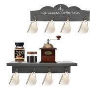 LYFJXX Lot de 2 Supports Muraux pour Tasses à Café avec 8 Crochets - Support en Bois avec Signe de Café, Organiseur de Coin pour Bar, Cuisine - Décor d'Angle (Gris)