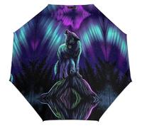 Lyfthologen Parapluie pliant, parapluie imprimé camouflage vert, parapluie de voyage à ouverture et fermeture automatiques pour résister au vent, à la pluie, Loups Howl In The Northern Lights, One