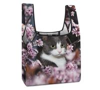 Lyfthologen Sac à provisions pliable, marron tête de loup, sac d'épicerie réutilisable, sac fourre-tout lavable pour un usage quotidien, sacs de voyage, Chat et fleurs de cerisier, Taille unique