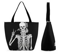 Lyfthologen Sac fourre-tout avec fermeture éclair, sac de plage vert Alien Moon UFO, grand sac à bandoulière pour le quotidien, les voyages, Drôle de crâne de squelette Rock and Roll, 28.5 x 18 x 32.5