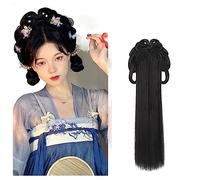 LYHHGS Hanfu Cosplay Noir Perruque Femmes Ancien Chinois Couvre-Chef Longue Droite avec Bandeau (Color : N)