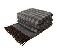 LYHome Couverture 100% Laine d'agneau. Plaid pour le Canape le Lit 1-2 Personnes, Couvre Hiver, Plaids Chaud de Mouton, Couvertures Grand et Souple 140x200 cm, Marron avec Bleu Doux Losange Scandinave