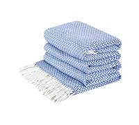 LYHome Couverture Coton avec Frange. Plaid Coton, 140 cm x 200 cm | Pour le Canape, le Lit, de Fauteuil, le Salon, la Chambre, la Décoration et Comme Cadeau. Plaid Épais, Doux | Bleu Vif, Blanc