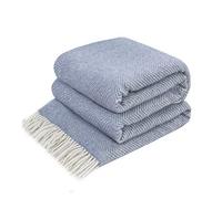 LYHome Plaid Laine Merinos - Couverture pour Le Canape, Le Lit 1 et 2 Personnes, Couvertures en Laine de Mouton, Plaids Mérinos Chaude Hiver Grande (140 x 200 cm | Bleu - Blanc Chevron)