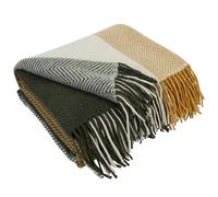 LYHome Plaid Laine Merinos - Couverture pour Le Canape, Le Lit 1 et 2 Personnes, Couvertures en Laine de Mouton, Plaids Mérinos Chaude Hiver Grande (140x200 cm | Vert - Jaune Moutarde Carrés Chevron)