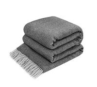 LYHome Plaid Laine Merinos - Couverture pour Le Canape, Le Lit 1 et 2 Personnes, Couvertures en Laine de Mouton, Plaids Mérinos Chaude Hiver Grande (140 x 200 cm | Gris Foncé - Blanc Chevron)