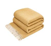 LYHome Plaid Laine Merinos - Couverture pour Le Canape, Le Lit 1 et 2 Personnes, Couvertures en Laine de Mouton, Plaids Mérinos Chaude Hiver Grande (140 x 200 cm | Jaune Moutarde avec Blanc Losange)