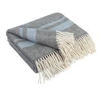 LYHome Plaid Laine Merinos - Couverture pour Le Canape, Le Lit 1 et 2 Personnes, Couvertures en Laine de Mouton, Plaids Mérinos Chaude Hiver Grande (140 x 200 cm | Gris avec Bleu et Blanc Rayures)
