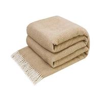 LYHome Plaid Laine Merinos - Couverture pour Le Canape, Le Lit 1 et 2 Personnes, Couvertures en Laine de Mouton, Plaids Mérinos Chaude Hiver Grande (140 x 200 cm | Beige avec Blanc Chevron)