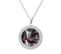 LYHVSFJW City Street Collier avec pendentif rond en forme de voiture rouge pour femme - Collier élégant et délicat en alliage avec chaîne réglable, One size, Zinc, Diamant