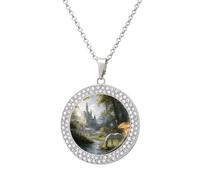 LYHVSFJW Collier avec pendentif rond en forme de château de fée forestière pour femme, collier élégant et délicat en alliage avec chaîne réglable, bijou tendance, One size, Zinc, Diamant