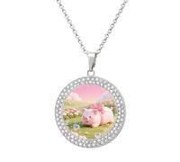 LYHVSFJW Collier avec pendentif rond en forme de cochon dans le jardin en forme de cœur pour femme, collier élégant et délicat en alliage avec chaîne réglable, bijou tendance, One size, Zinc, Diamant