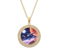 LYHVSFJW Collier avec pendentif rond en forme de disque en alliage avec chaîne réglable - Motif espace avec planètes et vaisseaux spatiaux, One size, Zinc, Diamant