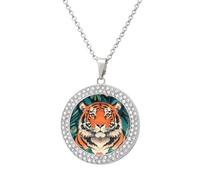 LYHVSFJW Collier avec pendentif rond en forme de tigre forestier pour femme - Faux diamant - Élégant et délicat - Pendentif disque en alliage avec chaîne réglable - Cadeau tendance, One size, Zinc